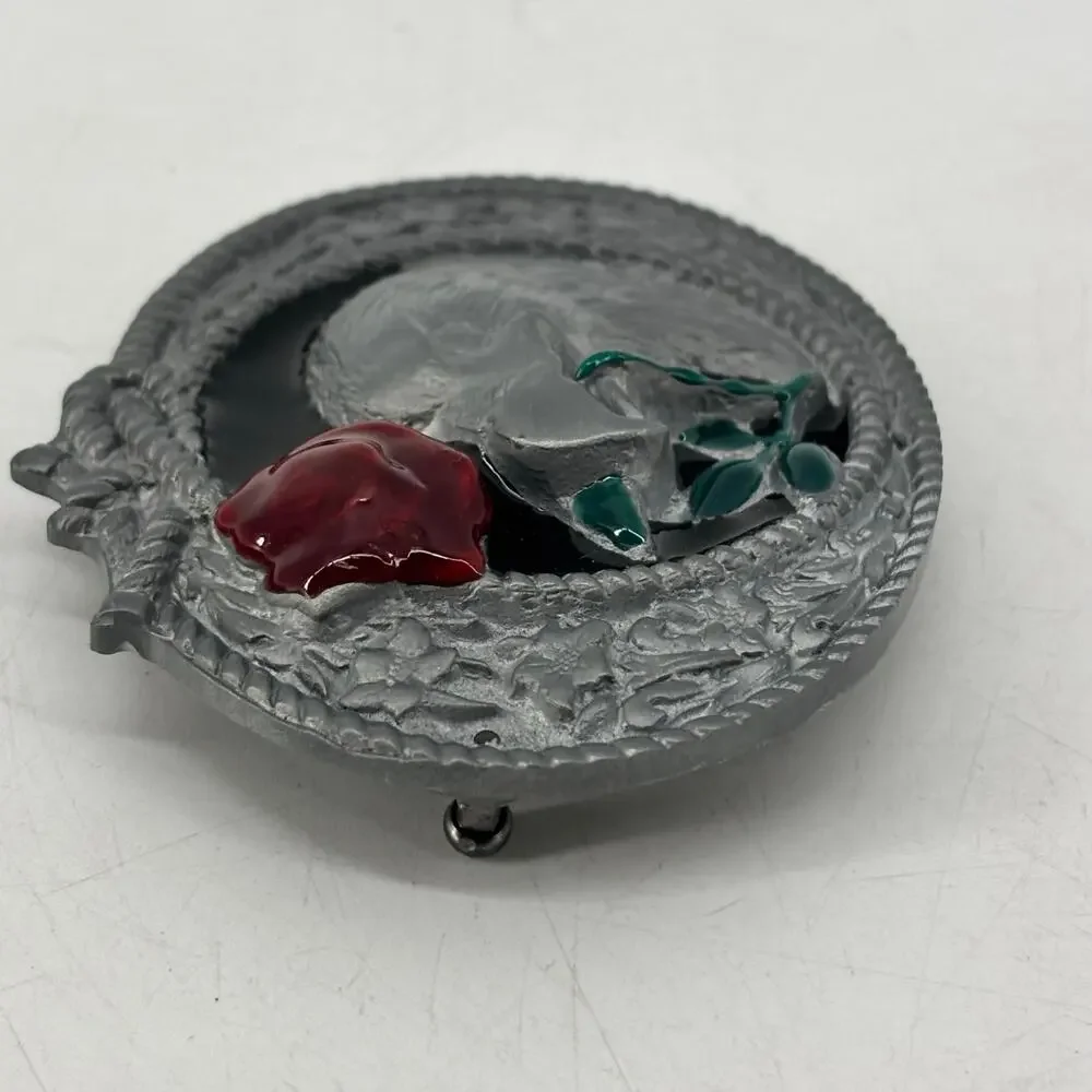 Eagle Belt Buckle Red Rose Enamel Western Americana Top Pewter